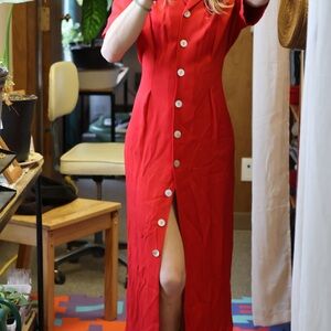 Elegant Vintage 90’s Red Button-Down Midi Dress